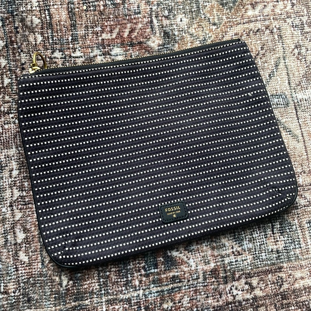 NWT Fossil Ivy Triple Zip Pouch | Black & White Stripe Cosmetic Bag